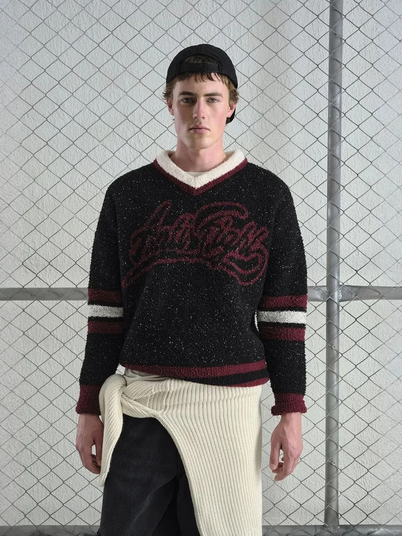 Giesto Black GIESTO Oversized V-Neck Plush Sweater for Men | Best Price UAE