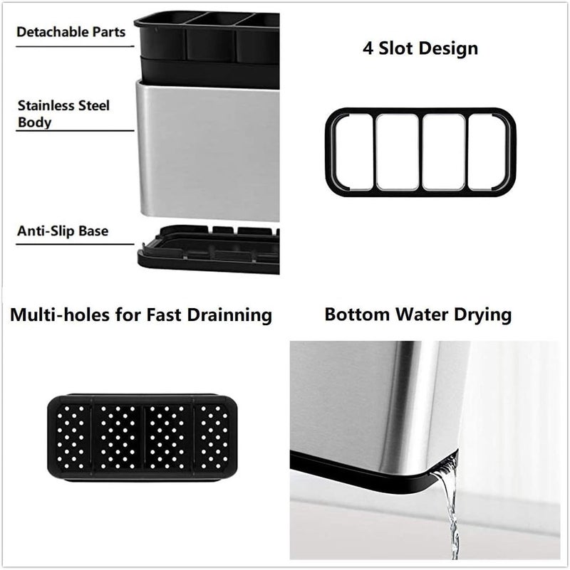 FEBLICH Stainless Steel Cutlery Drainer Kitchen Sink Silverware Caddy Utensils Drying Rack Basket Cutlery Organiser Kitchen Cutlery Storage Stand With 4 Divided Compartments For Dining Table Spoon Chopsticks  - Image 3