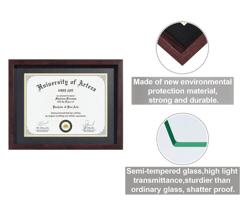 CORE ART 11x14 Diploma Frame Display Certificates 8.5 x 11 with Mat or 11 x 14 without Mat, College Degree Frame with Real Glass, Wall and Tabletop Display(Brown) - Image 4