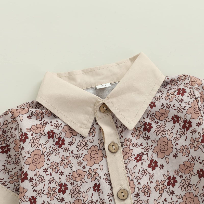CIYCUIT Toddler Baby Boys Summer Floral Print Shirt Outfits Clothes Short Sleeve Button Down Tops + Shorts Set 2-3T Pa Khaki - Image 2