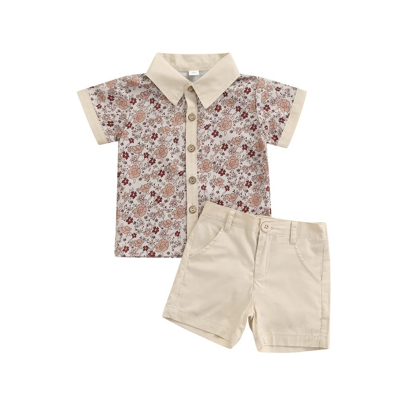 CIYCUIT Toddler Baby Boys Summer Floral Print Shirt Outfits Clothes Short Sleeve Button Down Tops + Shorts Set 2-3T Pa Khaki - Image 1