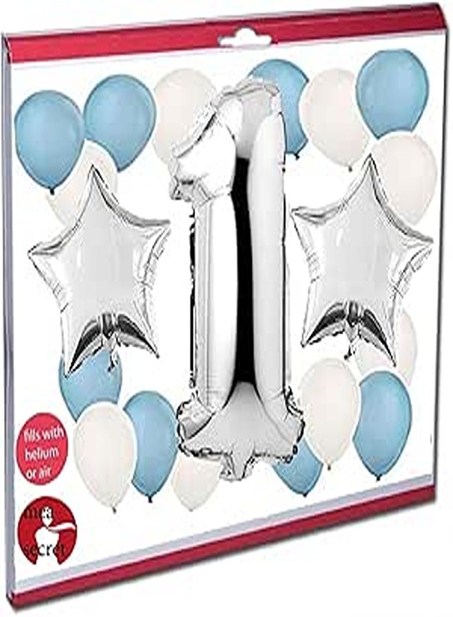 secret Large Number One 1 Silver, With 10 Blue & 10 White Balloons Bouquet Set, First Birthday Boy - 2pcs silver stars 