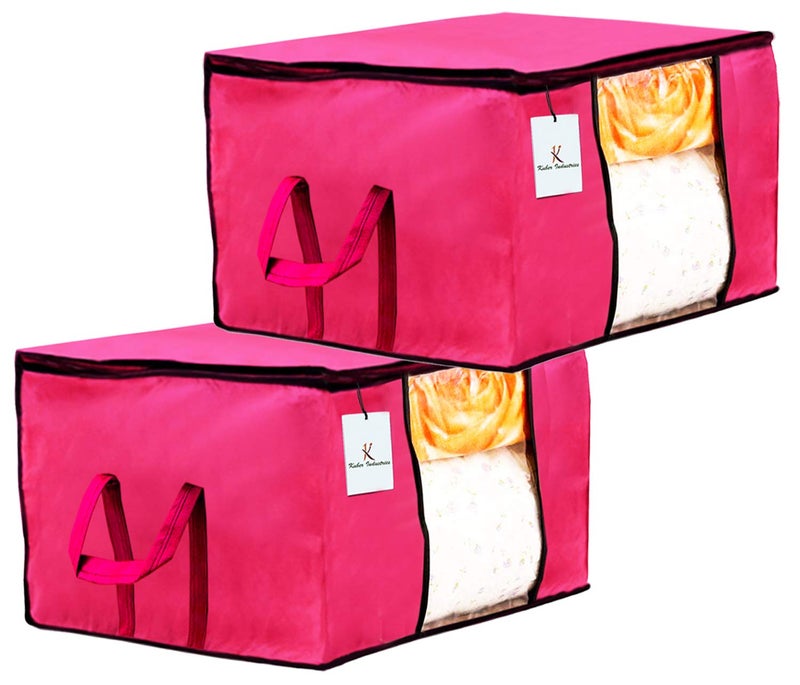 Kuber Industries 2 Piece Non Woven Underbed Storage BagStorage OrganiserBlanket Cover with Transparent WindowExtra Large Pink CTKTC34432 - Image 1
