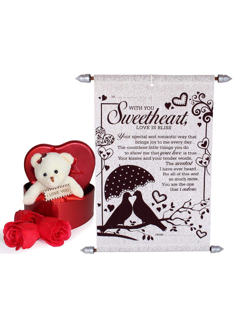 Saugat Traders - Saugat Traders Gift for Girlfriend - Love Message Scroll Card & 3 Red Rose Floral Scented Soap with Teddy Bear | Gift for Wife - Image 1