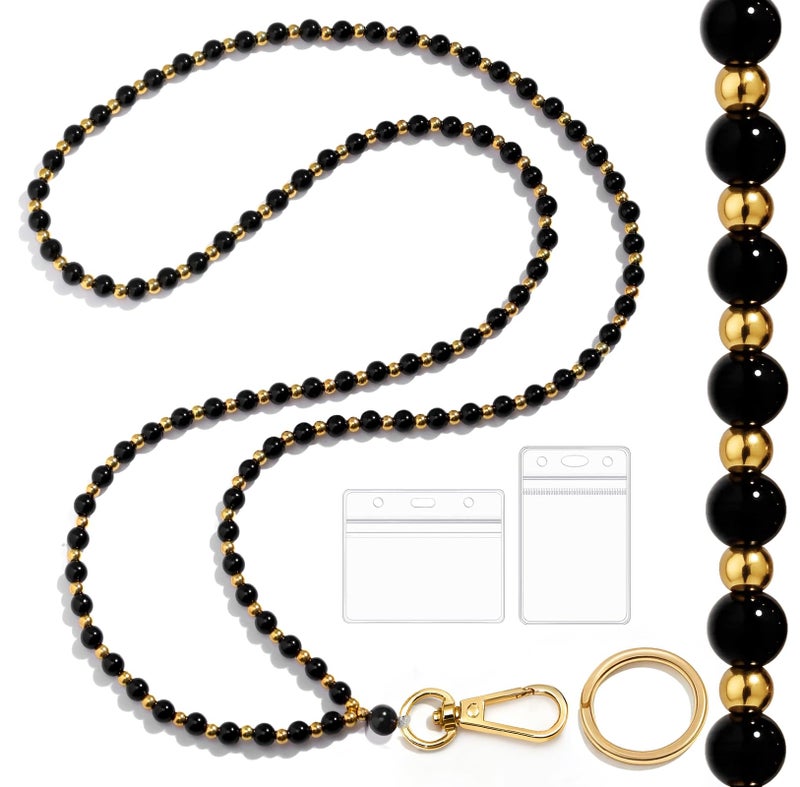 Toykee Lanyards for Id Badges and Keys for Women Teacher - Black and Gold Beaded Card Holders Necklace Breakaway Lanyard with Holder for Name Tag Cruise Ship Students Employees Office Worker - Image 1
