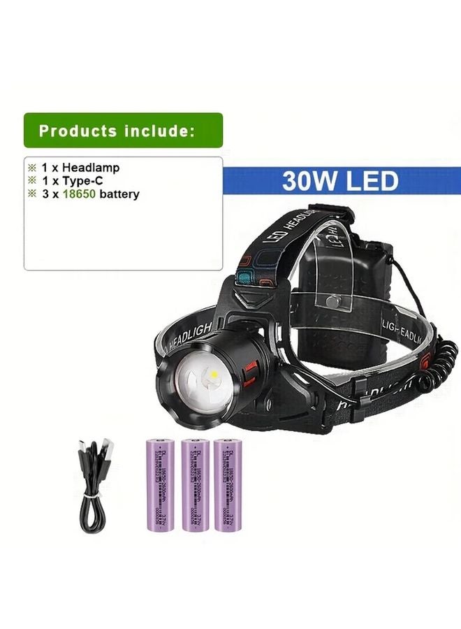 Rechargeable LED Headlamp With Power Bank USB C Charging Adjustable Zoom 3 18650 Batteries - Image 1