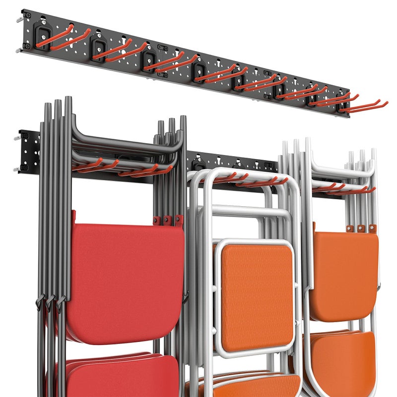 Wallmaster Wall Mount Garage Organizer Tool Storage Rack, Heavy Duty Folding Chair Hangers with 8 Adjustable Hooks, 48-inch Tracks, Max Load 300lbs - Image 1