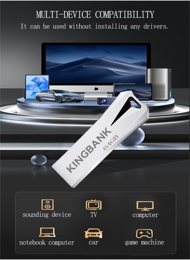 KINGBANK - 64G USB3.0 Flash Drive, High-Speed ​​Storage, 40MBps Read, 30MBps Write, Compatible with Audio, Computers, TVs, Laptops, Game Consoles, Cars (64GB, Silver) - Image 1