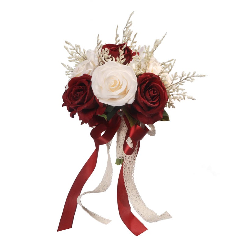 LEIFENY LEIFENY Wedding Bouquets for Bride Champagne White  Burgundy Bridal Bridesmaid Wedding Flowers Artificial Toss Rose for Civil Ceremony Hollow Lace Ribbon Handle 