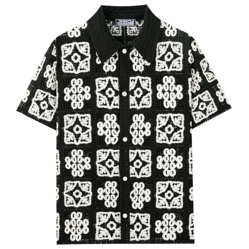Men's Black Crochet Openwork Polo Shirt - Image 2