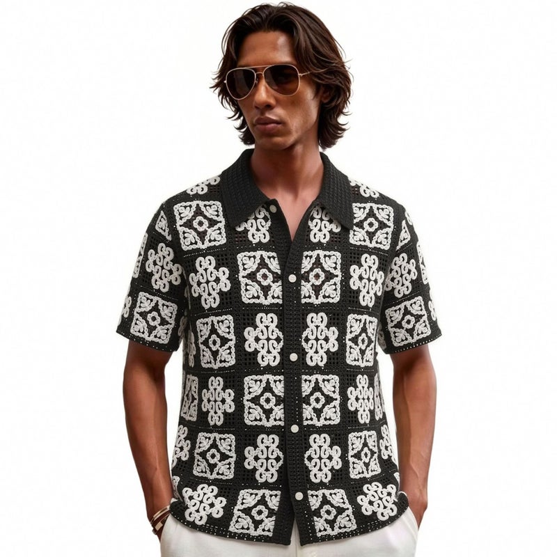 Men's Black Crochet Openwork Polo Shirt - Image 1