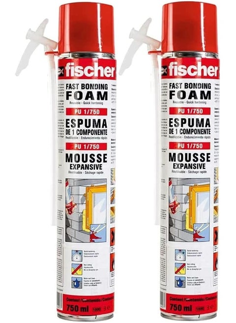 Fischer 2pcs Fast Bonding PU Foam 750ml (98011) â€“ Expanding Insulation Foam, Up to 41L Coverage | Ideal for Filling, Sealing & Insulating Windows, Gaps & Joints