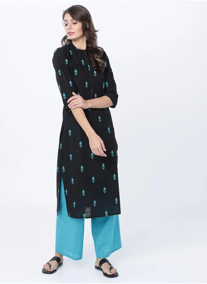 فيشود Women Black Printed Cotton Kurta Set by Styli