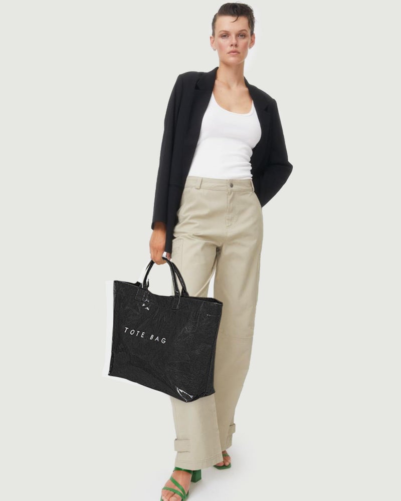 Lushandy PVC Tote Bag Women's Plastic Tote Purse Large Letters Print Hobo Handbag for Work, Beach, Gift (Black) - Image 3
