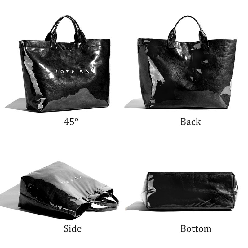 Lushandy PVC Tote Bag Women's Plastic Tote Purse Large Letters Print Hobo Handbag for Work, Beach, Gift (Black) - Image 5