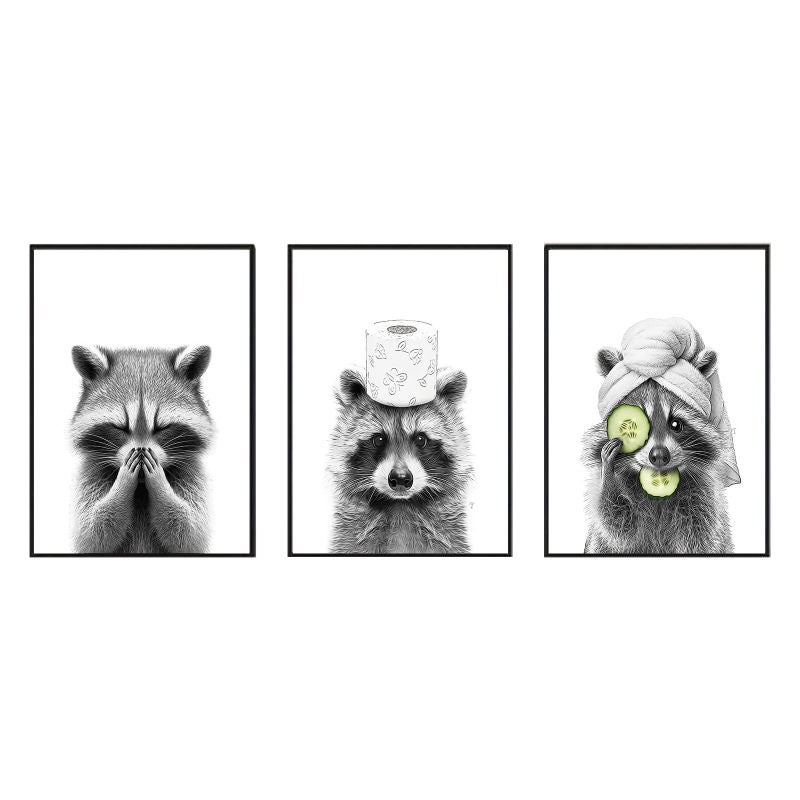 Bathroom Wall Art: 3 Unframed 20.3x25.4cm Canvas Prints - Adorable Raccoon Design, Durable Humid-Resistant Material - for Bathroom Wall Decor - Image 1