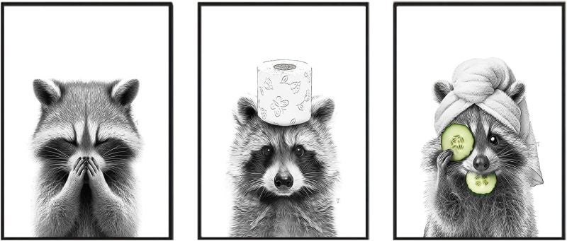 Bathroom Wall Art: 3 Unframed 20.3x25.4cm Canvas Prints - Adorable Raccoon Design, Durable Humid-Resistant Material - for Bathroom Wall Decor - Image 2