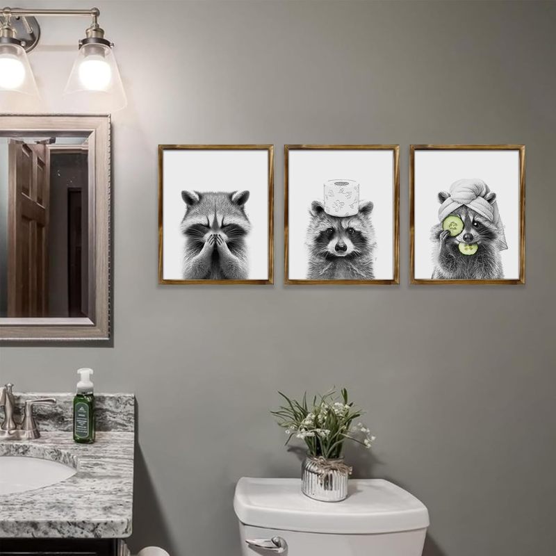 Bathroom Wall Art: 3 Unframed 20.3x25.4cm Canvas Prints - Adorable Raccoon Design, Durable Humid-Resistant Material - for Bathroom Wall Decor - Image 3