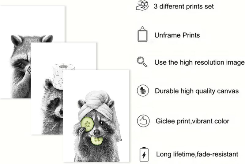 Bathroom Wall Art: 3 Unframed 20.3x25.4cm Canvas Prints - Adorable Raccoon Design, Durable Humid-Resistant Material - for Bathroom Wall Decor - Image 5