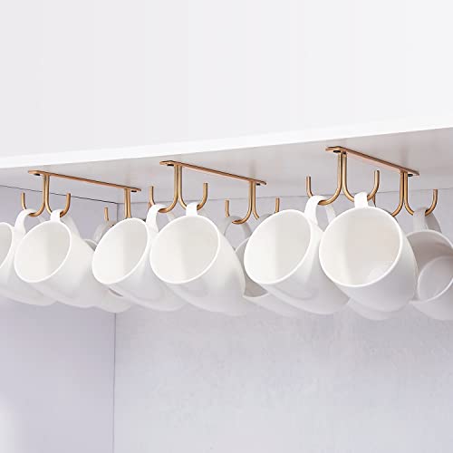 FOMANSH Mug Rack Under Cabinet - Coffee Cup Holder, 12 Mugs Hooks Under Shelf, Display Hanging Cups Drying Hook for Bar Kitchen Utensils Gold - Image 1