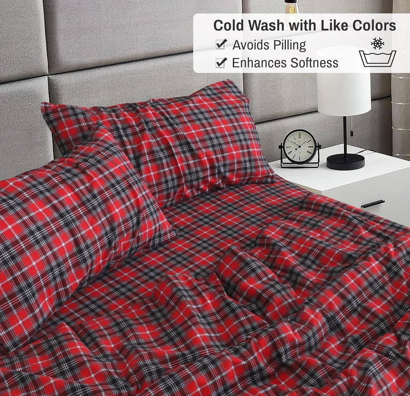 RUVANTI Flannel Sheets Full Size - 100% Cotton Double Brushed Bed Sheets Set, Deep Pockets 16 Inches, All Seasons Breathable & Extra Soft Full Sheets, Warm & Cozy, 4 Piece, Red Plaid - Image 5