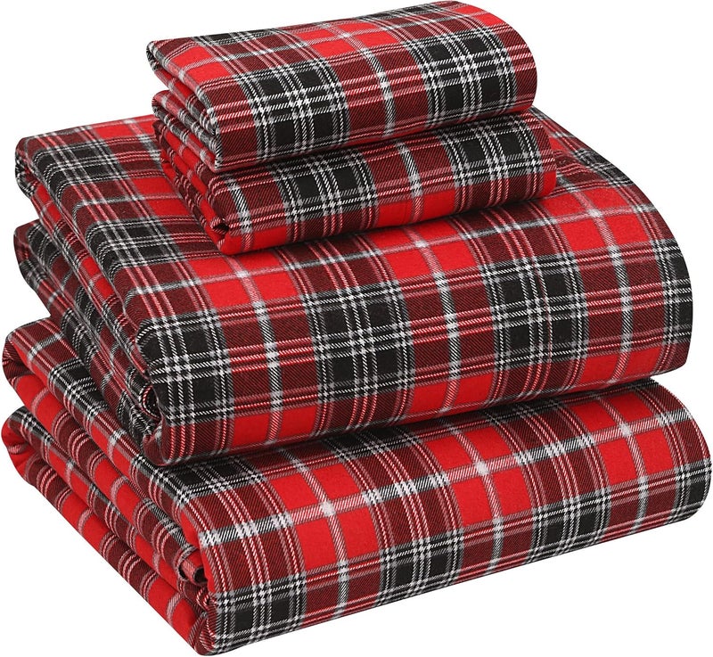 RUVANTI Flannel Sheets Full Size - 100% Cotton Double Brushed Bed Sheets Set, Deep Pockets 16 Inches, All Seasons Breathable & Extra Soft Full Sheets, Warm & Cozy, 4 Piece, Red Plaid - Image 1
