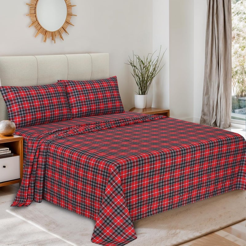 RUVANTI Flannel Sheets Full Size - 100% Cotton Double Brushed Bed Sheets Set, Deep Pockets 16 Inches, All Seasons Breathable & Extra Soft Full Sheets, Warm & Cozy, 4 Piece, Red Plaid - Image 2