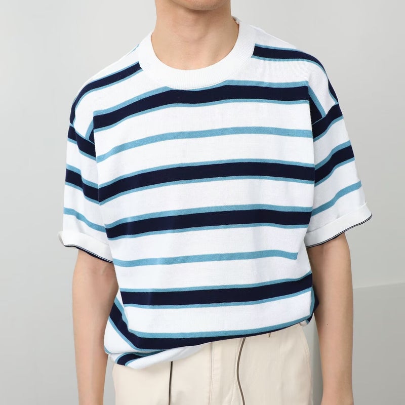 Factory Striped Sweater Men'S Fashion Joker Casual Short Sleeve T-Shirt Men'S Round Neck Half Sleeve T-Shirt Base Shirt - Image 3