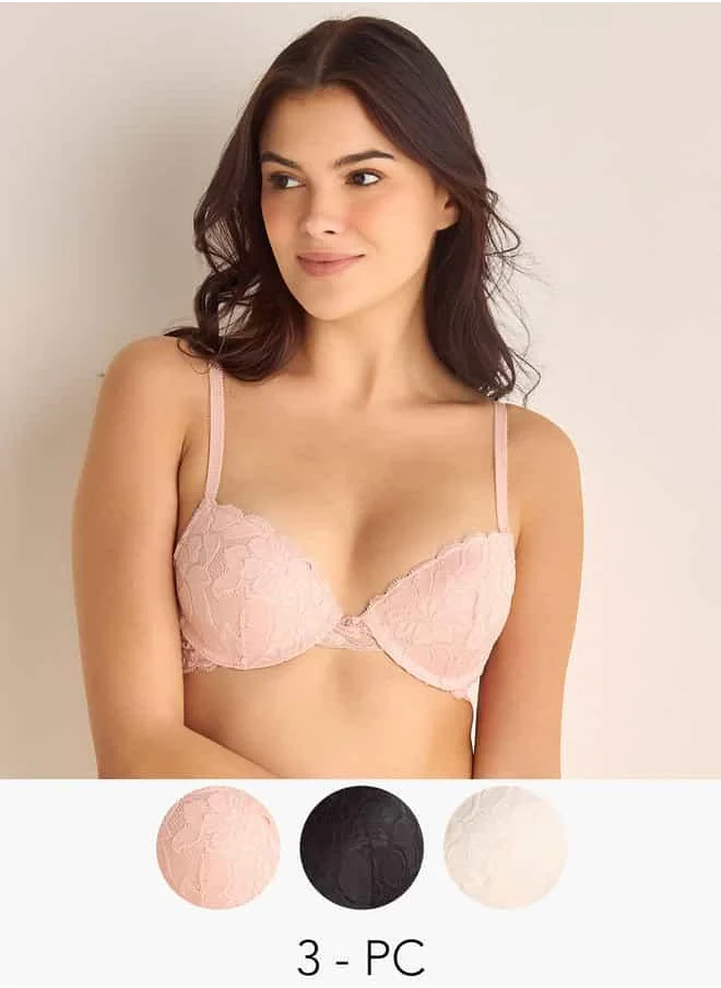 فاف Set of 3 - Lace Detail Bra with Hook and Eye Closure