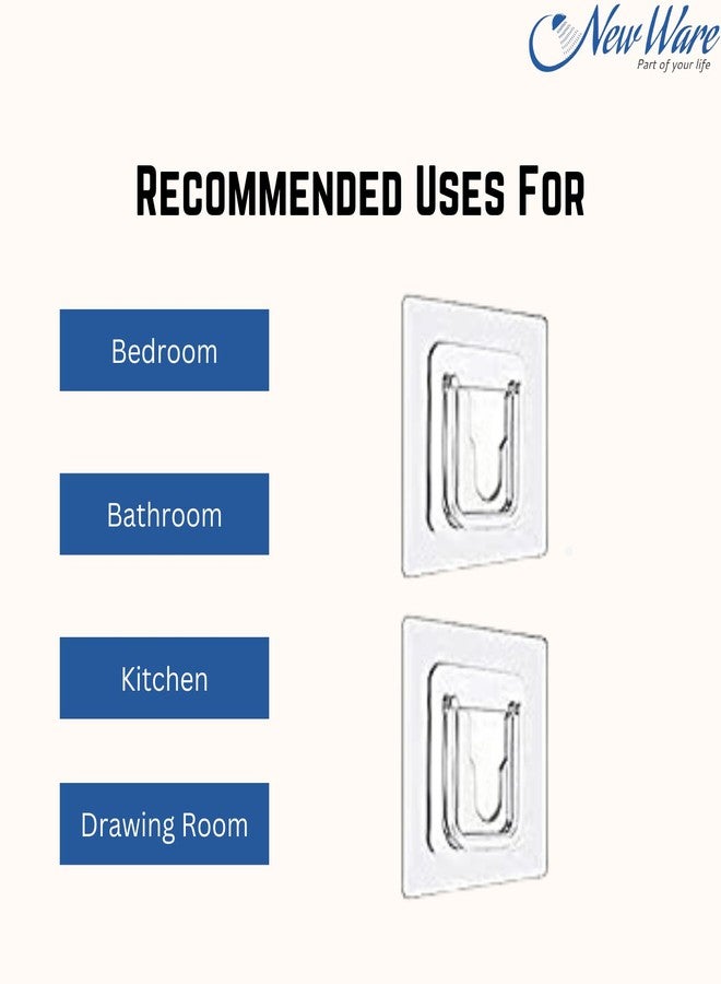 NEW WARE Self Adhesive Heavy Duty Wall Hooks | Transparent Sticky Hooks 10 kg Load | Waterproof Hanger for Kitchen & Bathroom | Pack of 4 - Image 4