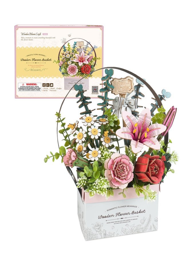 ROBOTIME 3D Wooden Puzzles for Adults, TW03H Wooden Flower Basket Craft Kit, Artificial Flowers Handheld Gift Box, Unique Gift for Birthday/Holidays/Homewarming - Image 1