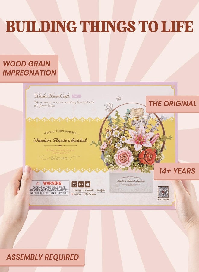 ROBOTIME 3D Wooden Puzzles for Adults, TW03H Wooden Flower Basket Craft Kit, Artificial Flowers Handheld Gift Box, Unique Gift for Birthday/Holidays/Homewarming - Image 2