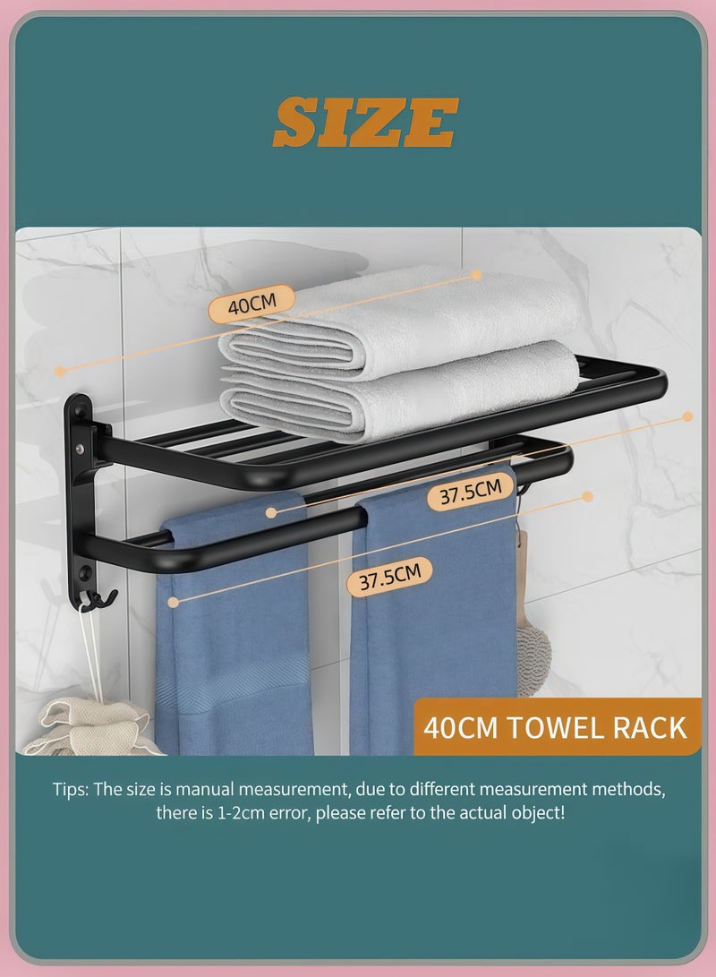 40CM Towel Hanger, Foldable, Wall-mounted, Includes 2 Towel Hooks, Towel Bar Attachment,Towel Rack with Hooks Foldable Towel Rack Bathroom Towel Storage Wall Mounted Organiser,No Holes, Hole Mounting, For Bathrooms, Washrooms, Kitchens, Space-saving Luminiums, Bathrooms, Washbasins(Black) - Image 2