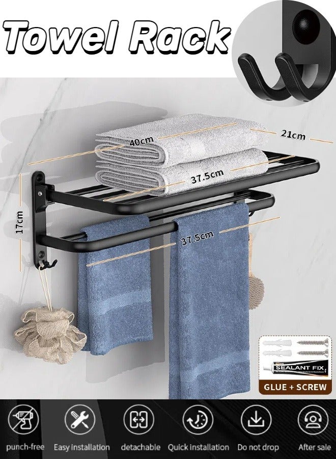 Towel Rack with Hooks Foldable Towel Rack Bathroom Towel Storage Wall Mounted Organiser  - Image 1