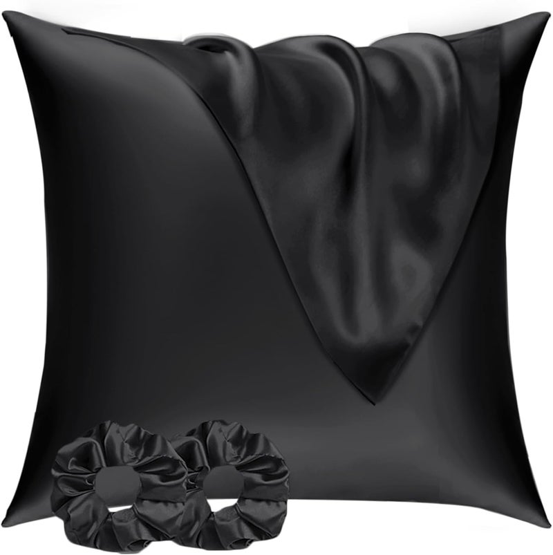 Vielit Satin Pillowcase 60x60 Set of 2, for Hair, Similar to Silk Pillowcases, 60x60 Pillowcases Certified Oeko-Tex & 2 Black Satin Hair Ties - Image 1