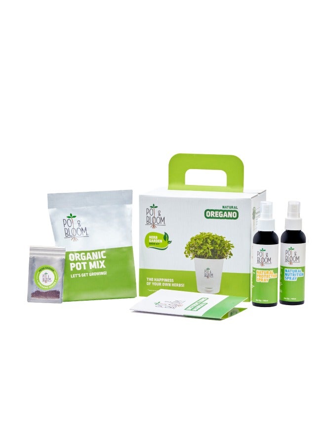 POT & BLOOM Pot And Bloom Oregano Home Garden Starter Kit: Oregano Seeds, Grow Your Own Oregano Plant, Pot, Pot Mix, Protection & Nutrition Spray All In One Kit Return Gift for Birthdays  - Image 1