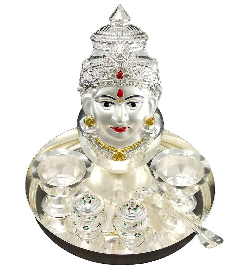 BENGALEN Silver Plated Pooja thali Set with Varalakshmi Devi Mukhota Idol Statue for Festival Varamahalakshmi Puja Thali Gift Items - Image 1
