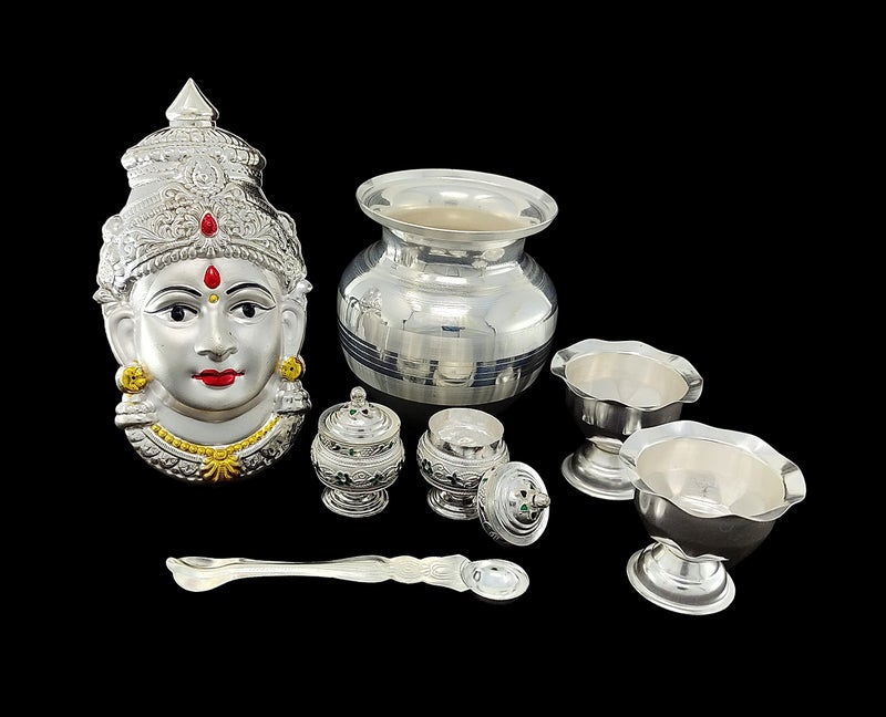 BENGALEN Silver Plated Pooja thali Set with Varalakshmi Devi Mukhota Idol Statue for Festival Varamahalakshmi Puja Thali Gift Items - Image 4