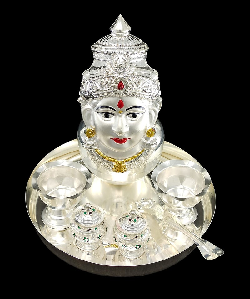 BENGALEN Silver Plated Pooja thali Set with Varalakshmi Devi Mukhota Idol Statue for Festival Varamahalakshmi Puja Thali Gift Items - Image 2