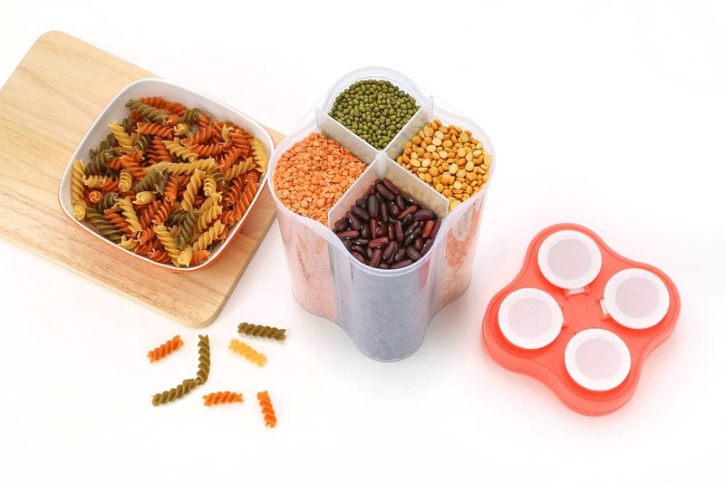 Clazkit Airtight Transparent Plastic Lock Food Storage 4 Section Container Jar for Grocery, Fridge Container Pack of 1, 2500ML - Orange - Image 2