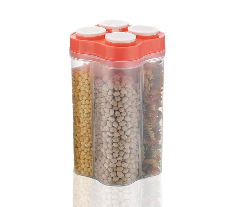 Clazkit Airtight Transparent Plastic Lock Food Storage 4 Section Container Jar for Grocery, Fridge Container Pack of 1, 2500ML - Orange - Image 1