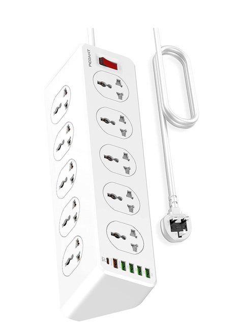 10 Way Power Extension Cord Surge Protector Strip Heavy Duty Universal Electrical Socket 5x USB-A 1x USB-C PD 30W