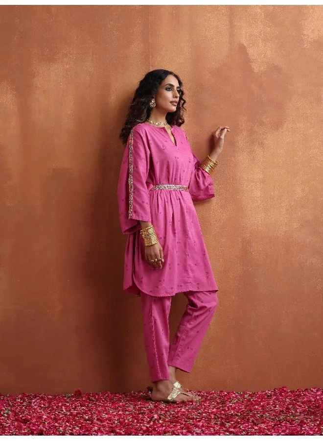 trueBrowns Pink Print Kaftan Kurta Co-ord Set