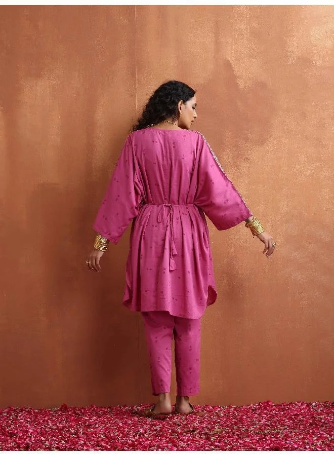 trueBrowns Pink Print Kaftan Kurta Co-ord Set