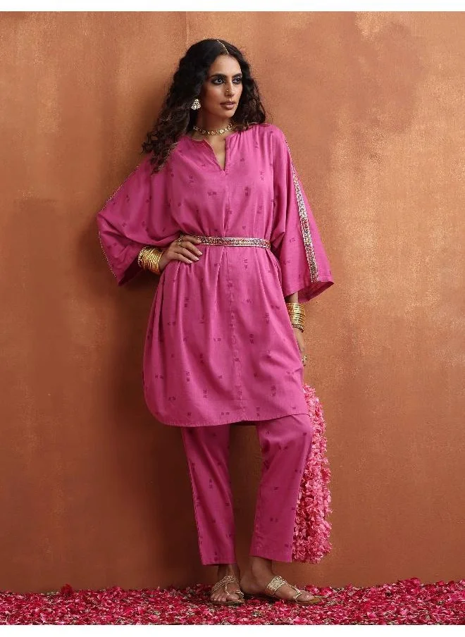 trueBrowns Pink Print Kaftan Kurta Co-ord Set