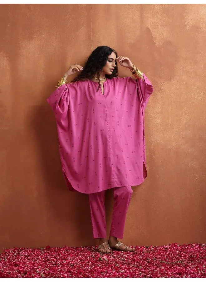 trueBrowns Pink Print Kaftan Kurta Co-ord Set