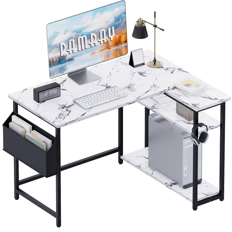 Pamray 40 Inch L Shaped Computer Desk with Reversible Side Storage Shelves, Small Corner Desk for Small Space Home Office, Writing Study Table PC Desk for Bedroom, Marble - Image 1