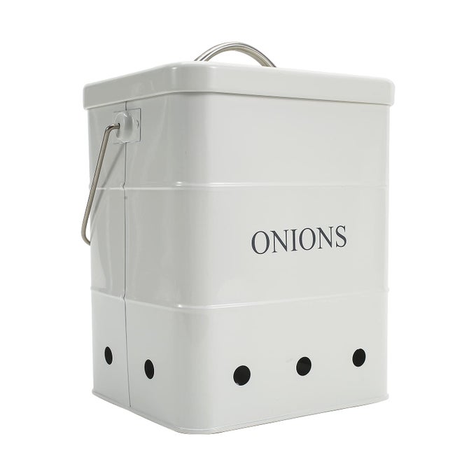 ONION STORAGE BIN METAL STORAGE TIN FOR ONION KITCHEN STORAGE CANISTER WITH AERATING TIN STORAGE HOLES KITCHEN PANTRY ORGANIZER TIN VEGETABLE FRESH KEEPER WHITE
