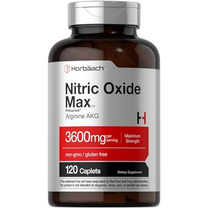 Horbäach Nitric Oxide Max 3600mg | 120 Caplets | with Arginine AAKG for Men and Women | Vegetarian, Non-GMO, & Gluten Free Pre Workout Supplement - Image 1