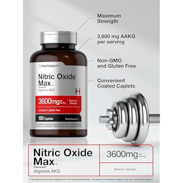Horbäach Nitric Oxide Max 3600mg | 120 Caplets | with Arginine AAKG for Men and Women | Vegetarian, Non-GMO, & Gluten Free Pre Workout Supplement - Image 4